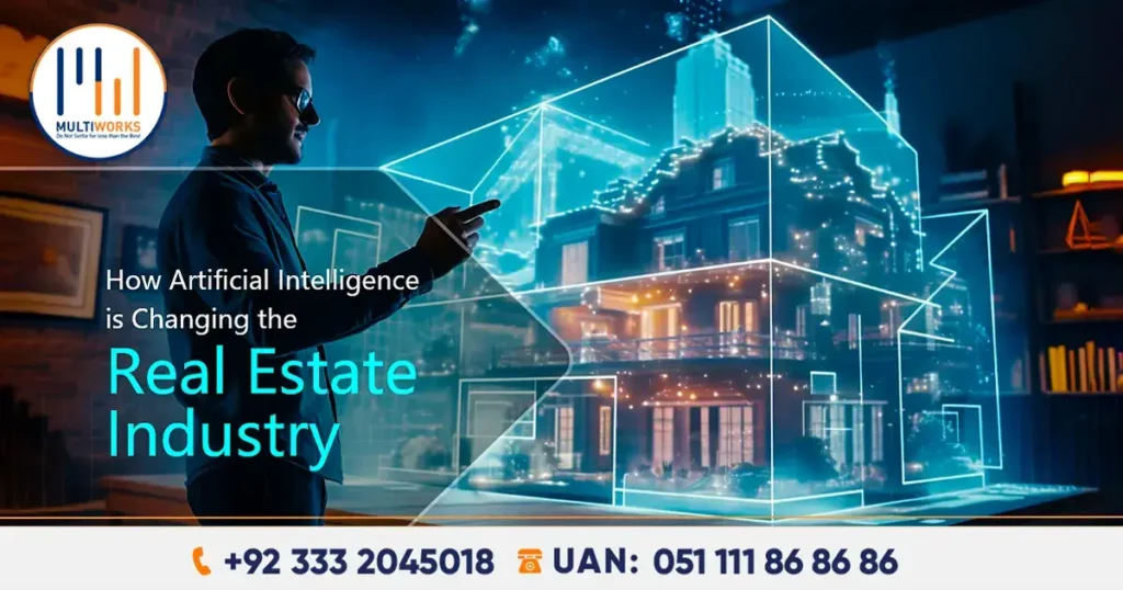 A man using artificial intelligence technology to visualize a futuristic digital real estate model with illuminated architectural details.
