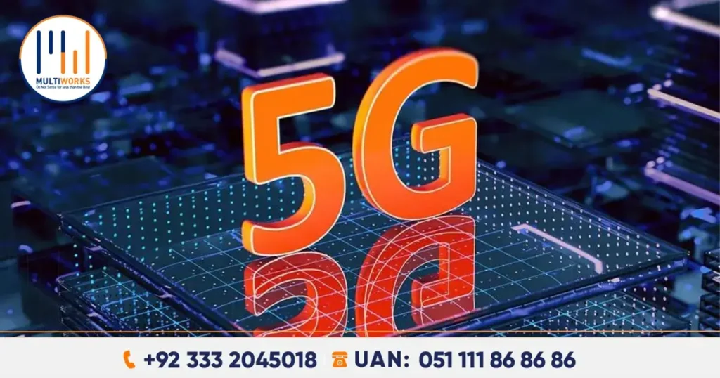 5G text in bold orange on a digital blue background representing PTA's 5G auction in Pakistan, with a focus on the collaboration with NERA for spectrum consultation.