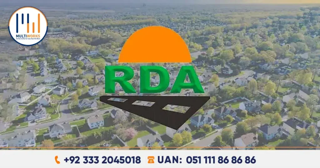 Rawalpindi Development Authority (RDA) logo with an aerial view of suburban housing, emphasizing green spaces and sustainable urban development.