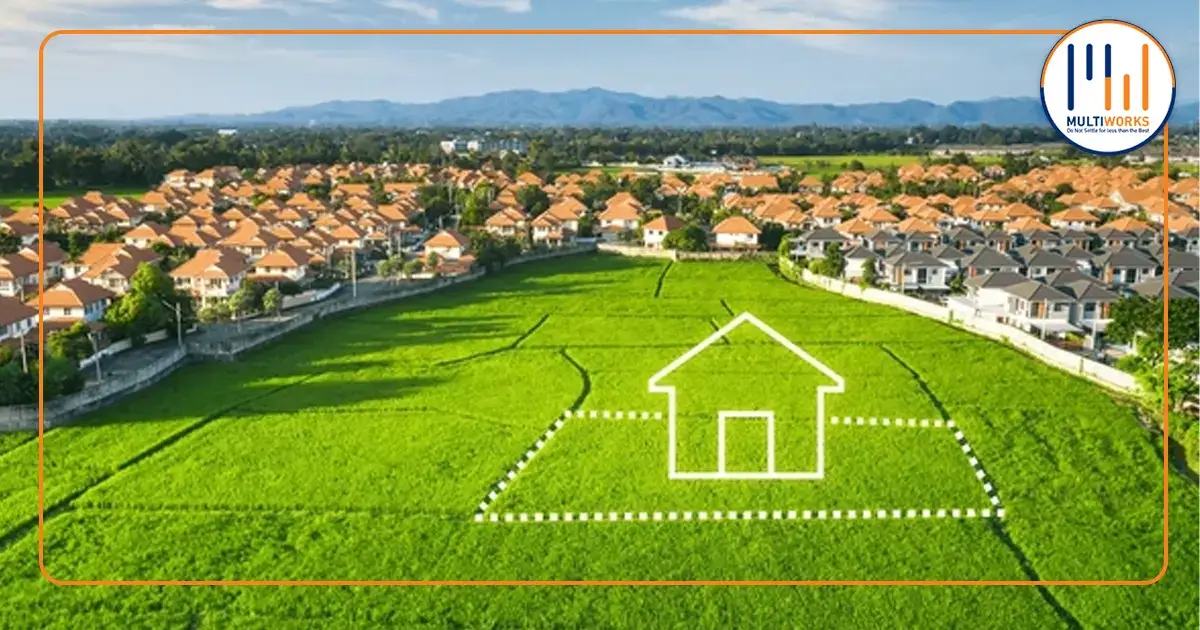 Aerial view of green fields with a house outline, showcasing sustainable urban planning by the Rawalpindi Development Authority (RDA) near residential housing schemes.