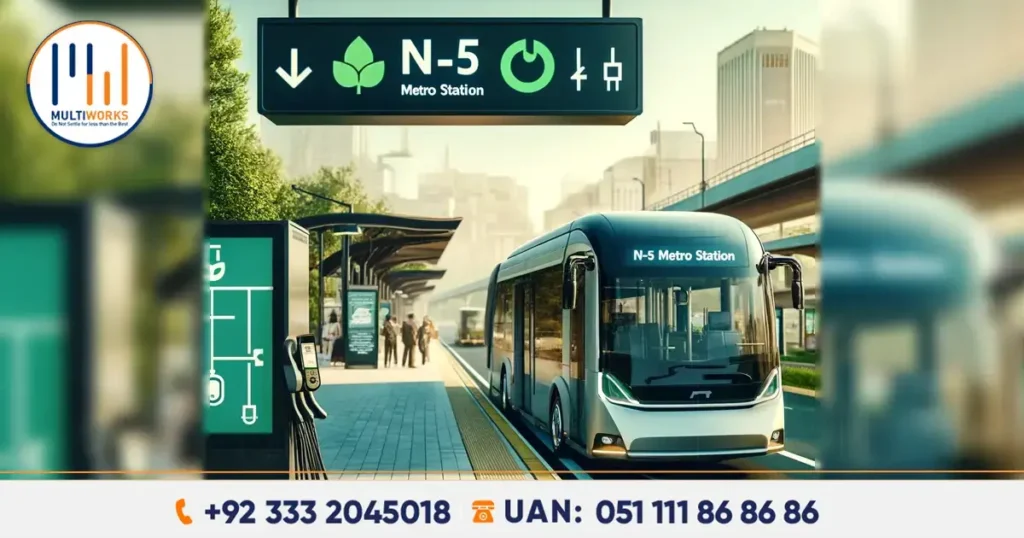 Modern electric bus parked at N-5 Metro Station with a futuristic city background and a digital information kiosk.