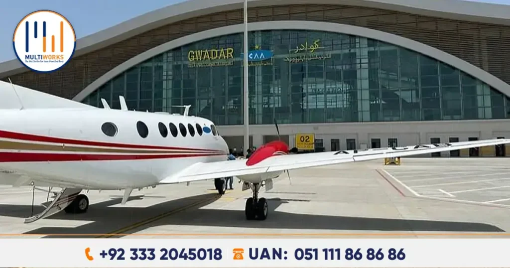 Private jet parked at Gwadar International Airport, highlighting the modern terminal and upcoming flights to Muscat.