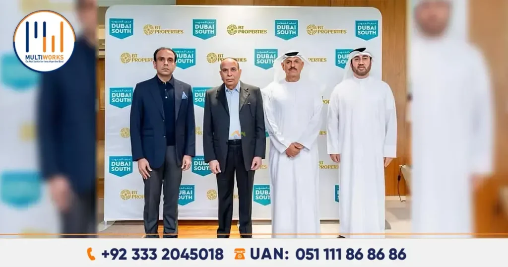 Malik Riaz with UAE officials announcing Bahria Town Dubai South project, showcasing international real estate collaboration.