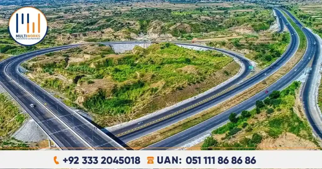 Rawalpindi Ring Road aerial view with lush greenery and smooth highways, showcasing modern infrastructure development in Pakistan.
