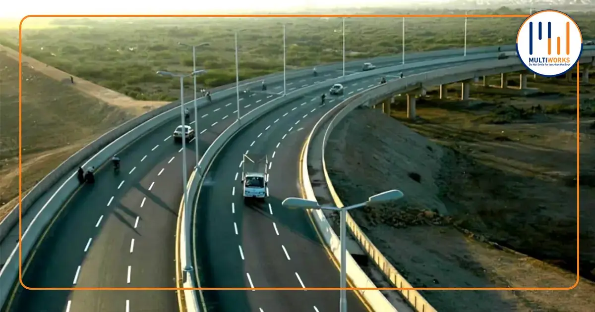 Evening view of Rawalpindi Ring Road showing a well-lit highway with modern design, connecting Islamabad and Rawalpindi.
