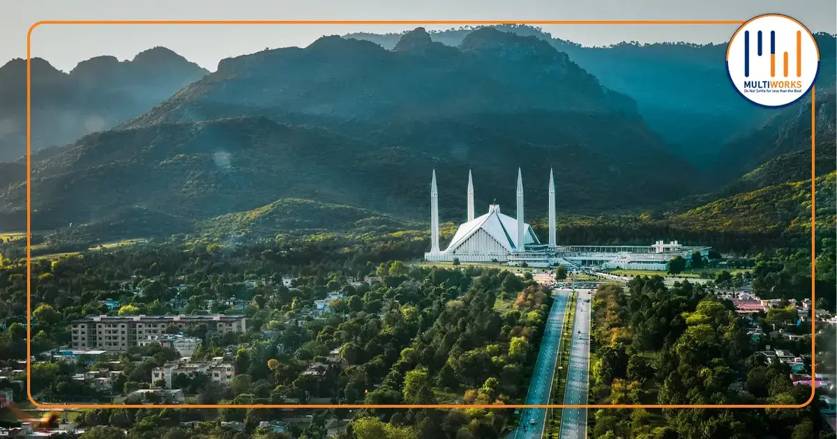 Panoramic view of Islamabad with Faisal Mosque in the foreground and Margalla Hills in the background, highlighting development by the Capital Development Authority (CDA).