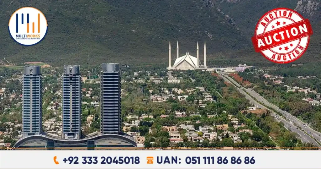 CDA commercial plots auction in Islamabad’s Blue Area, featuring high-rise buildings with Faisal Mosque in the background. Contact Multiworks for investment opportunities.