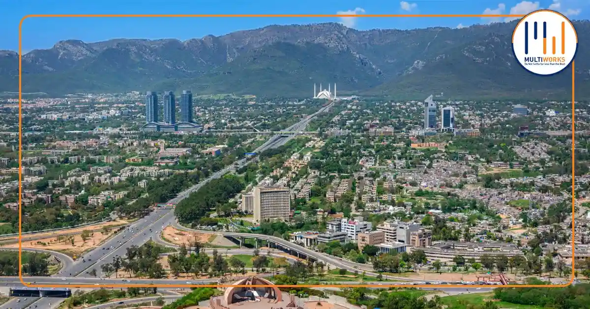 A panoramic view of Islamabad featuring Margalla Hills, the Faisal Mosque, and urban developments, symbolizing the strategic location of Margalla Enclave.