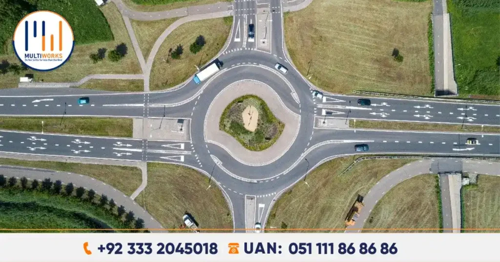 Aerial view of the F-10 roundabout in Islamabad, set to be replaced by 'fish belly' U-turns under CDA’s road improvement project.