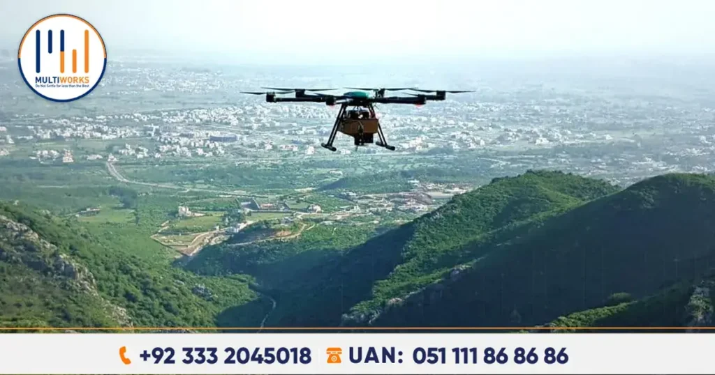 A drone flying over the Margalla Hills in Islamabad, used by the CDA for aerial seeding as part of a reforestation and environmental conservation campaign.