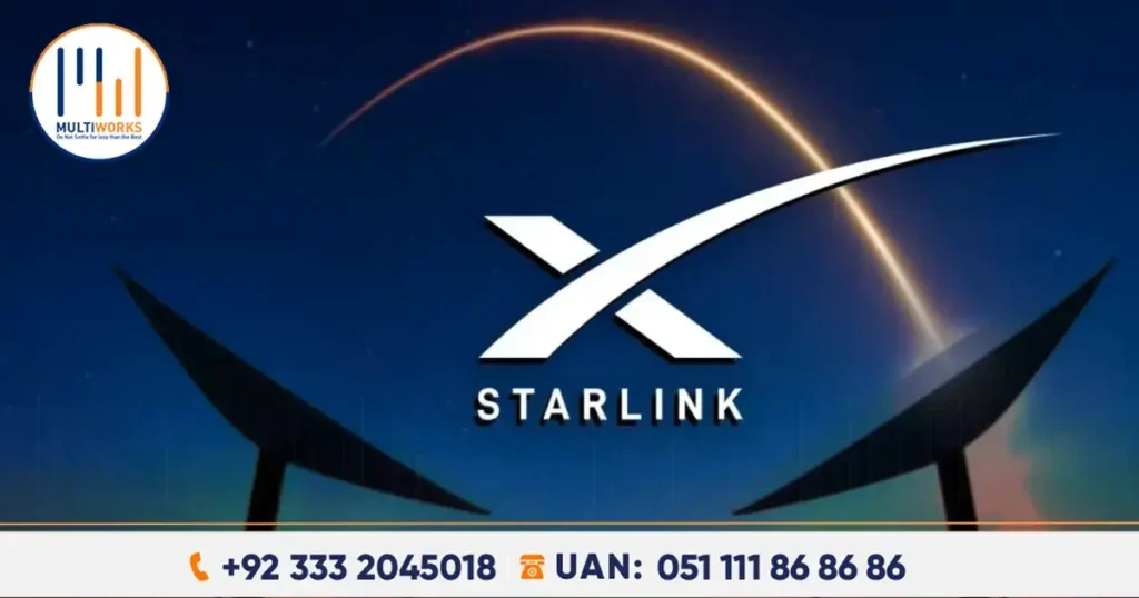 Starlink logo with satellite dish and glowing arc in the background, representing advanced satellite internet technology.
