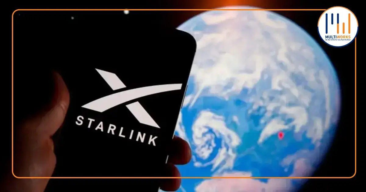 Starlink logo with satellite dish and glowing arc in the background, representing advanced satellite internet technology.