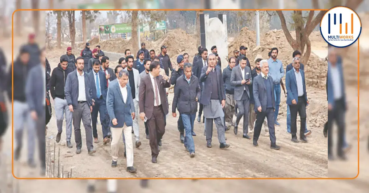 Interior Minister Mohsin Naqvi and CDA officials inspect the construction site of the Jinnah Avenue Interchange flyover in Islamabad, emphasizing quality and timely completion.