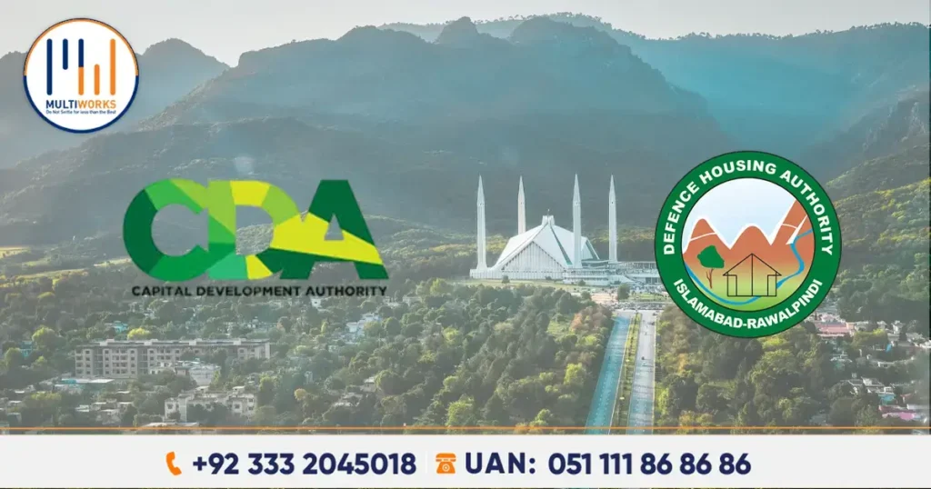 A scenic view of Islamabad featuring the Margalla Hills, Faisal Mosque, and logos of CDA and DHA, highlighting the launch of Margalla Enclave housing project