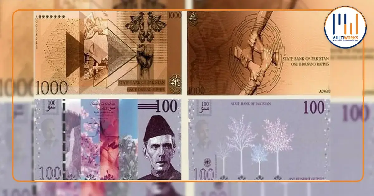 New designs of Pakistani currency notes featuring modern patterns and enhanced security elements, including Rs. 100 and Rs. 1,000 denominations by the State Bank of Pakistan.