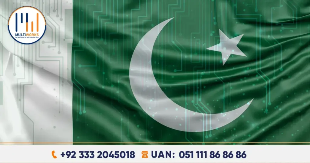 Pakistan flag with a digital overlay and Multiworks logo, representing the Digital Nation Pakistan Bill 2025 and technological transformation.