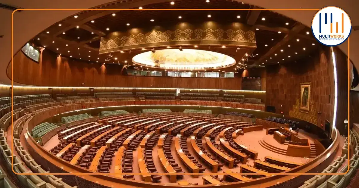 Interior view of the Pakistan Senate chamber, showcasing seats and grand architecture, highlighting the approval of the Digital Nation Pakistan Bill 2025.