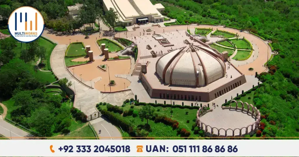 Aerial view of Shakarparian Cultural Complex in Islamabad, showcasing the iconic Pakistan Monument surrounded by lush greenery and well-maintained gardens